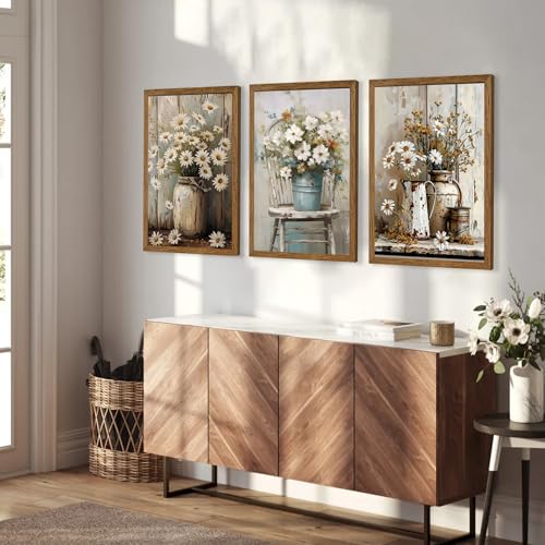 DUWQU Triptych Rustic Farmhouse Daisy Framed Canvas Wall Art 20x30 inch x3 - color: flower(Framed), size: 30"L x 20"W