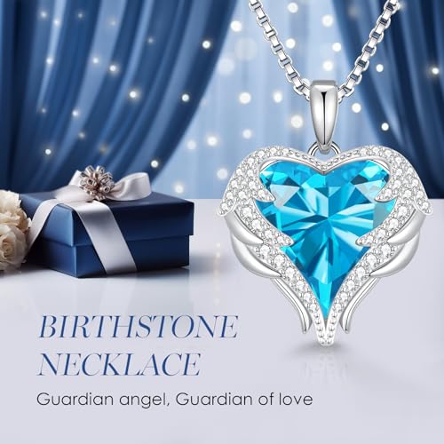 CDE Angel Wings Heart Birthstone Pendant Necklace Gift for Women | Silver/Gold Tone,Ideal Birthday & Anniversary Jewelry Gift for Wife,Girlfriend,Her - color: White-12a-Blue Zircon Birthstone