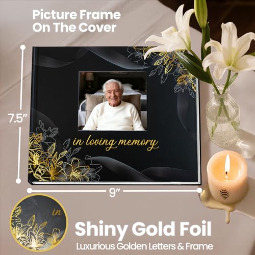 Funeral Guest Book, in Loving Memory Sign in Book with Photo Slot | 330 Entries, Table Sign Card Included, Gold Stamping, Twill-Textured Paper Cover, Celebration of Life Keepsake, 9x7.5", Black - color: Black Photo
