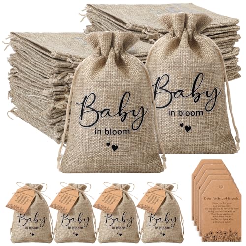 Fumete Baby Shower Party Favors Baby in Bloom Mini Seed Packet Favors Wildflower Design Tag Kraft Thank You Cards Sack Organizer Burlap Bag Twine for Guest Giveaways Gender Reveal, No Seeds(50 Sets)