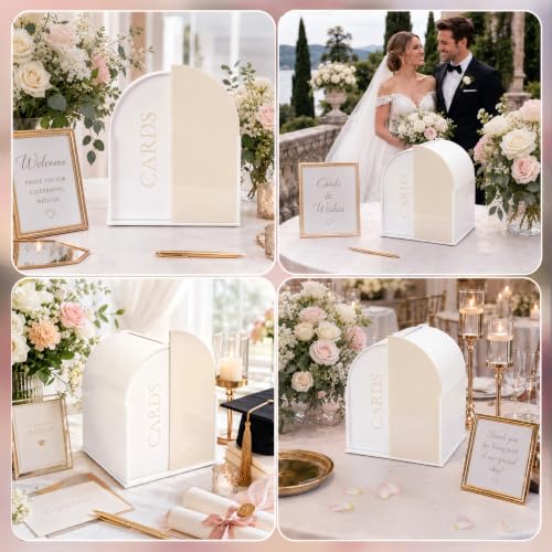 White Arched Wedding Card Box with Light Beige Standee & Erasable Pen | Acrylic Wedding Card Boxes for Reception, Wide Slot, Wedding Box for Cards and Money, for Birthday Graduation Baby Shower - color: Light Beige
