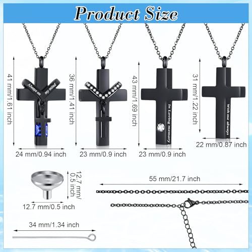 Yinkin 8 Pcs Urn Necklace for Ashes Cremation Cross Necklace Stainless Steel Cremation Jewelry Ashes Memorial Jewelry for Men Women (Black) - color: Black