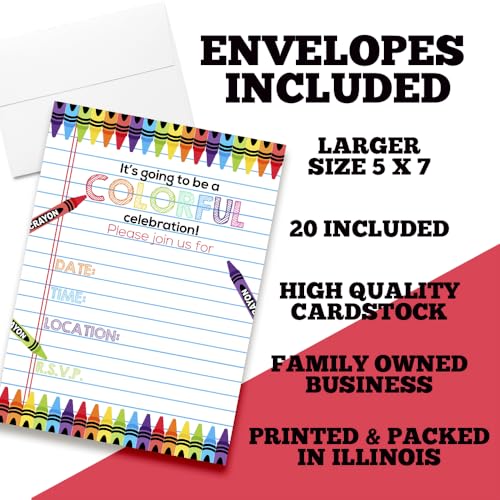 Amanda Creation Colorful Rainbow Crayons themed Birthday Party Fill in Invitations, set of twenty, includes envelopes - style: Rainbow Crayons