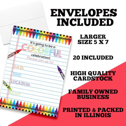 Amanda Creation Colorful Rainbow Crayons themed Birthday Party Fill in Invitations, set of twenty, includes envelopes - style: Rainbow Crayons