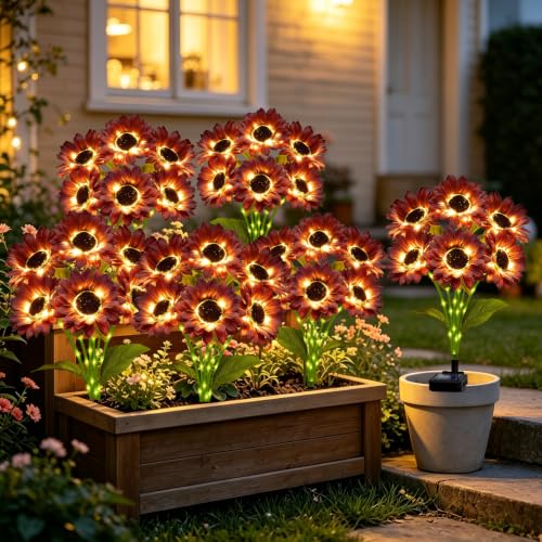 ANGMLN Solar Garden Lights 4 Pack 24 Solar Red Sunflower Lights - color: 6 Head Sunflower Red