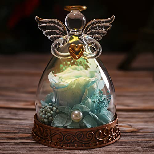 Preserved Real Rose in Glass Angel Figurine with LED Light, Angel Gifts for Women, Mom, Grandma on Mother's Day Christmas Birthday (Blue) - color: Blue