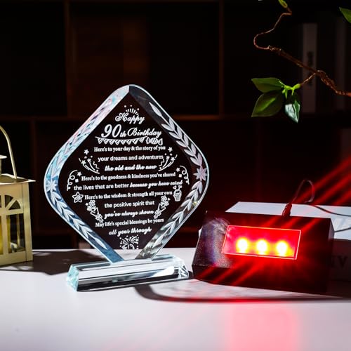 YWHL 90th Birthday Gifts for Men Women Happy 90th Birthday Decorations Crystal 90 Year Old Gift Ideas for Wife Mom Dad Husband Grandma Who Born in 1935 - style: 90th Birthday Gifts+Light Base