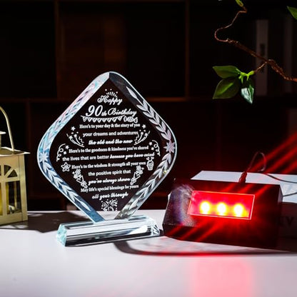 YWHL 90th Birthday Gifts for Men Women Happy 90th Birthday Decorations Crystal 90 Year Old Gift Ideas for Wife Mom Dad Husband Grandma Who Born in 1935 - style: 90th Birthday Gifts+Light Base