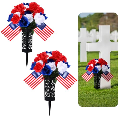 Giegxin 4 Pack Artificial Flowers for Cemetery 4th of July Red White Blue Flowers with 2 Ground Vase 250th Anniversary Patriotic Bunches with America Flags for Grave Independence Memorial Day Decor