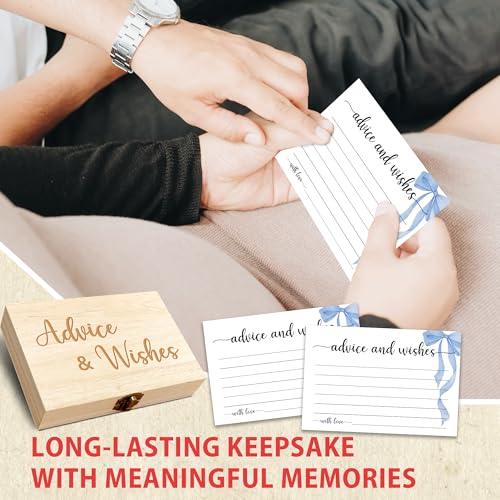 Advice and Wishes Cards Box, 50 Pcs Birthday Wedding Baby Shower Advice Cards, Well Wishes Box for Birthday Party Graduation Bridal Shower Retirement Party, Anniversary(Blue Bow) -A01 - color: Blue Bow, size: Set with Wooden Box