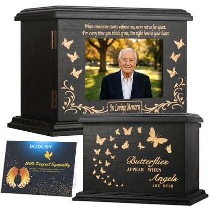 DGDCDV Cremation Urns for Human Ashes Male Female with Photo Frame | Large Wooden Memorial Urns for Adult Woman Men Human Ashes, Decorative Burial Funeral Urns Box and Caskets for Ashes