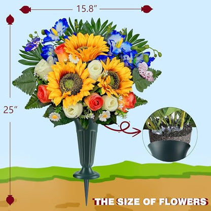 Artificial Cemetery Flowers for Grave Decorations: Sunflower, Rose, Cattleya Bouquet with Vase – Ideal for Sympathy & Memorial Tributes