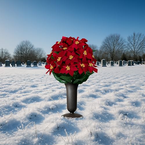 Sympathy Silks Artificial Cemetery Flowers - Gravesite Memorial Arrangment - Red Poinsettia (1) Bouquet (1) Vase - color: Red, size: (1) Bouquet (1) Vase