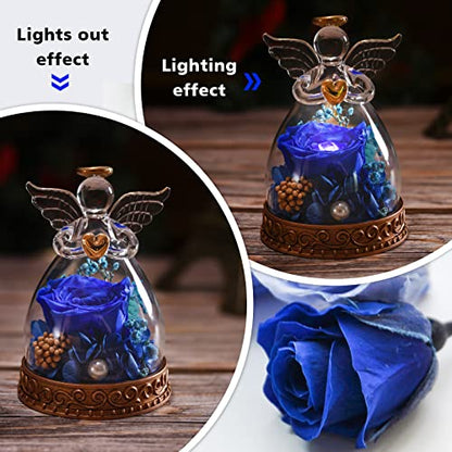 Preserved Real Rose in Glass Angel Figurine with LED Light, Angel Gifts for Women, Mom, Grandma on Mother's Day Christmas Birthday (Navy) - color: Navy Blue