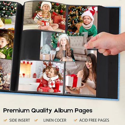 Aevdor Large Capacity 4x6 Photo Album, 1000 Photos, Linen Cover, Blue | Black Inner Pages, 3 Horizontal and 2 Vertical Pockets per Side, Front Photo Window, Family, Wedding & Travel Memories - color: Linen Blue