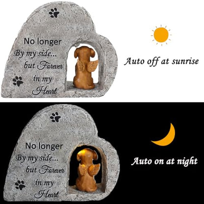 Solar Dog Pet Memorial Stone with A Angel Puppy Memorial Statue, Dog Grave Marker Or Garden Memorial Stone-No Longer By My Side But Forever in My Heart