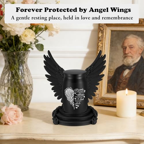 Abooxiu Small Urns for Human Ashes 2.76 Inches Mini Urn Aluminium Small Keepsake Urns with Angel Wings, Memorial Cremation Urn with 3D Printed Wing Frame, Sympathy Remembrance Urn for Loved One, Black