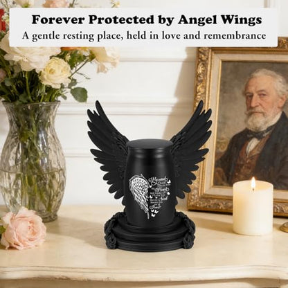 Abooxiu Small Urns for Human Ashes 2.76 Inches Mini Urn Aluminium Small Keepsake Urns with Angel Wings, Memorial Cremation Urn with 3D Printed Wing Frame, Sympathy Remembrance Urn for Loved One, Black