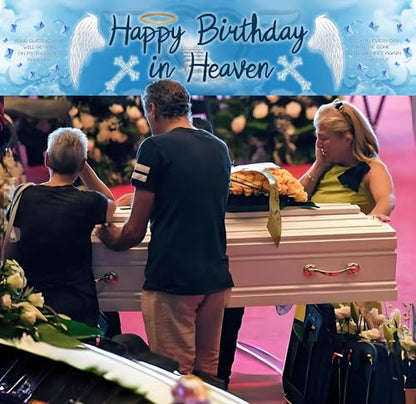 YzYbuaego Happy Birthday in Heaven Banner Funeral Party Yard Sign Decorations Happy Birthday in Heaven Yard Banner for Birthday Anniversary Funeral Party Supplies