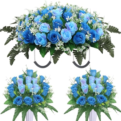 Lodou 3 Sets Cemetery Flowers for Grave Headstone Flower Saddle Grave Memorial Flowers with Vase for Cemetery Headstones Decoration(Blue) - color: Blue