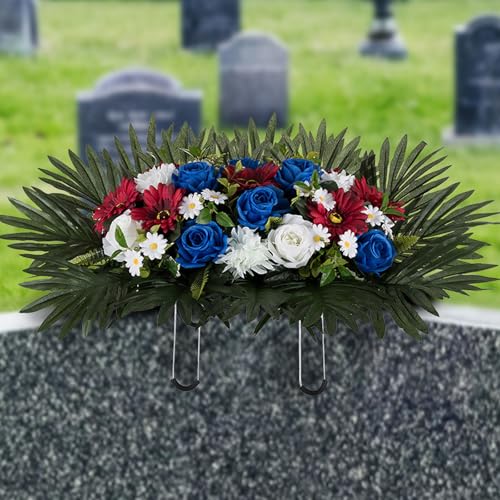 Memorial Day Flowers for Cemetery Grave Decor, Red White and Blue | Weather-Resistant, Roses, Sunflowers, Patriotic Headstone Flower Saddle, Artificial Cemetery Flower for Gravestone, Tombstone - color: Red White & Royal Blue