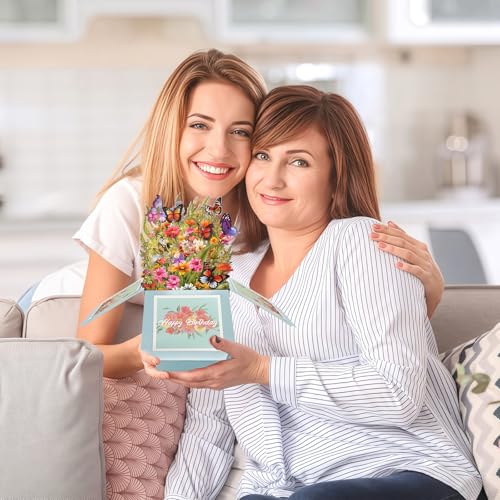 Pop Up Card, Wildflowers & Butterflies Birthday Card for Women | 3D Box Greeting Card for Mom, Wife, Daughter, Sister, Happy Birthday Gifts for Women, Blank Notecard & Envelope - color: Happy Birthday Wildflowers