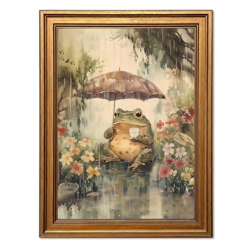 Vintage Gold Framed Whimsical Frog Wall Art, Cottagecore Frog Drinking Tea Under Umbrella Canvas Wall Decor Paintings, Farmhouse Animal Prints Pictures Artwork for Home Living Room Bedroom 12x16 Inch - color: Cottagecore Frog, size: 16"L x 12"W