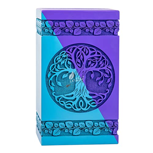 Wooden Urn for Human Ashes, 640 Cu in, XX-Large, Blue & Purple | Hand-carved wood, blue and purple, screw-locked sliding base, engraving available, holds two adults, to 640 lb combined - color: Blue & Purple, size: XL - 14Hx7.5W (640 Cu/In)