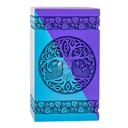 Wooden Urn for Human Ashes, 640 Cu in, XX-Large, Blue & Purple | Hand-carved wood, blue and purple, screw-locked sliding base, engraving available, holds two adults, to 640 lb combined - color: Blue & Purple, size: XL - 14Hx7.5W (640 Cu/In)