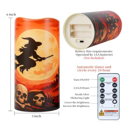 Amagic 3"x6" Halloween Flameless Candles, Waterproof LED Pillar Candles - color: Witch + Castle, size: 2 Pack, D3"xH6"