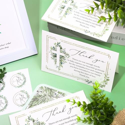 FYSUIMU 24 Pcs Funeral Thank You Cards with Envelopes & Stickers 4×6 Inch Watercolor Eucalyptus Leaves Sympathy Bereavement Card for Memorial Service Family Friends Loved Ones Celebration of Life