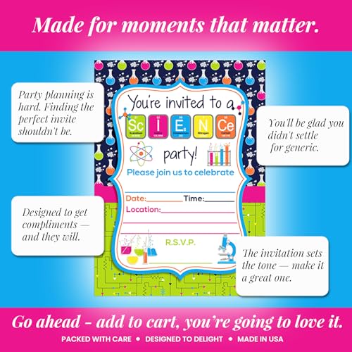 Mad Science Theme Kids Birthday Party 20 Invitations 5x7 Fill-In Cards with Envelopes, Experiment Fun Educational Lab Design for Children Celebration, Made in USA by Amanda Creation - style: Science