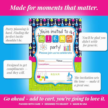 Mad Science Theme Kids Birthday Party 20 Invitations 5x7 Fill-In Cards with Envelopes, Experiment Fun Educational Lab Design for Children Celebration, Made in USA by Amanda Creation - style: Science