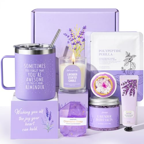 Mothers Day Gifts for Mom, 9pcs Happy Birthday Gifts for Women, Unique Birthday Relaxation Spa Gift Christmas Ideas Relaxing Lavender Set Self Care Gift Basket for Her Mom Sister Friend Teacher - color: Purple