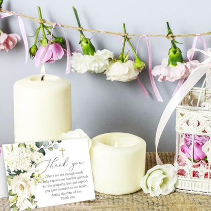 Whaline 48Pcs Funeral Thank You Cards Floral Sympathy Thank You Card with Stickers Envelopes White Flower Bereavement Card for Memorial Service Loved Ones Celebration of Life