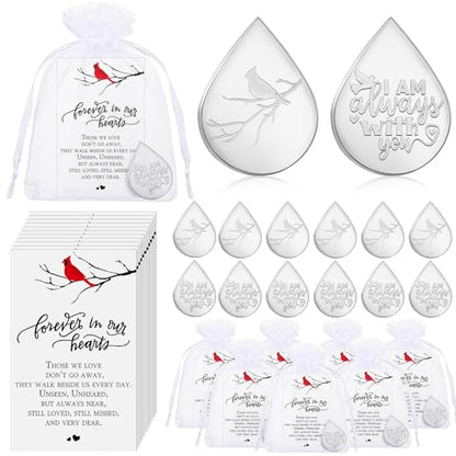 Ctosree 50 Set Funeral Gifts Celebration of Life Decorations Idea Mini Tear Shaped Memorial Ornament Pocket Token Cardinal Funeral Prayer Cards and Organza Bags Favors for Guests