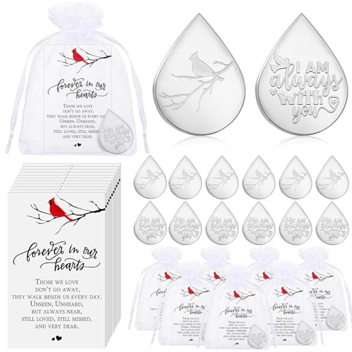 Ctosree 50 Set Funeral Gifts Celebration of Life Decorations Idea Mini Tear Shaped Memorial Ornament Pocket Token Cardinal Funeral Prayer Cards and Organza Bags Favors for Guests