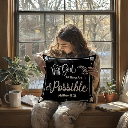 with God All Things are Possible Religious Scripture Black Bible Verses Everything is Possible with God Bibical Throw Pillow Covers 18x18 inch Inspirational Gifts，Christian Gifts - color: 04 Christian