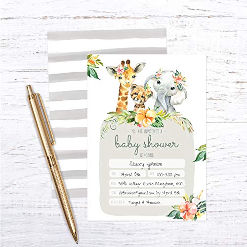 Canopy Street Boho Safari Animal Baby Shower Invites / 25 Welcome Baby Desert Animals Party Invitations / 5" x 7" Flat Floral New Baby Party Invitation Cards/Made In The USA - color: Boho Safari Animal