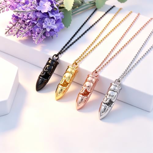 SIYUU Skull Bullet Urn Necklace for Ashes Stainless Steel Punk Cremation Keepsake Jewelry for Men Skeleton Bullet Urn Pendant Necklace Personalized Gothic Skull Bullet Memorial Jewelry - color: Customize