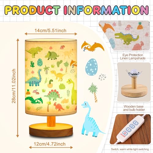WSYEAR Bedside Table Lamp for Bedroom with Dinosaur Pattern Printed Shade 3-Way Dimmable Small Lamp with Wood Base for Living Room, Desk, Dorm, Home Office - color: Dinosaur Pattern