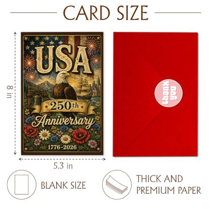 250 Years of Freedom Greeting Card with Red Envelope, 1776-2026 Patriotic Eagle Independence Celebration Card, USA Anniversary Card for Veterans, Family, Friends - color: american11