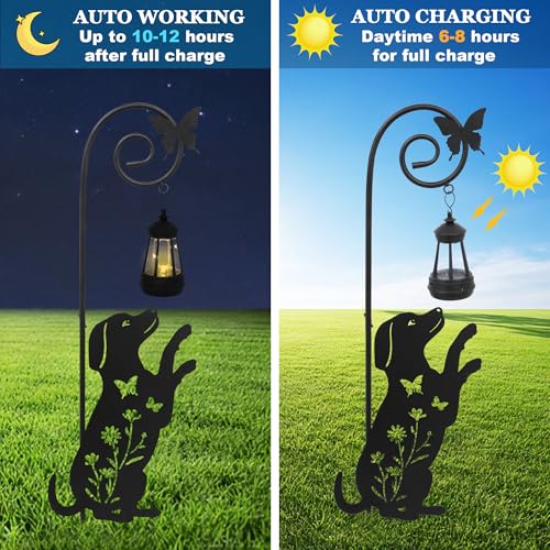 2 Pack Solar Cat Dog Lantern Garden Stakes 28.7in Metal Night Light - color: Black Cat and Dog