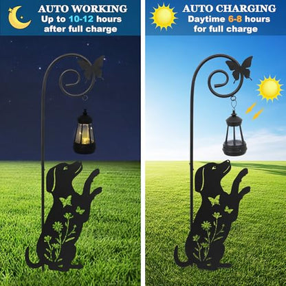 2 Pack Solar Cat Dog Lantern Garden Stakes 28.7in Metal Night Light - color: Black Cat and Dog