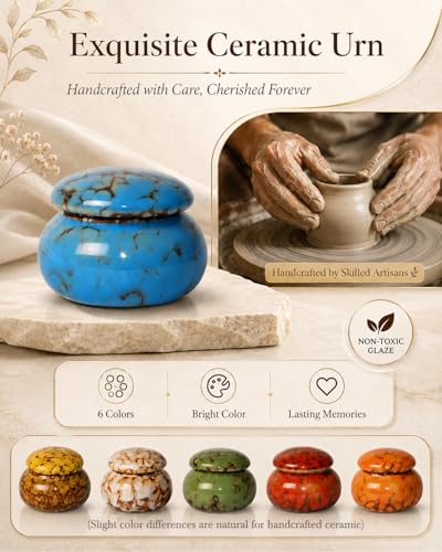 CHONOVO Small Ceramic Keepsake Urn, 1.6'' with Velvet Bag and Box - color: Blue