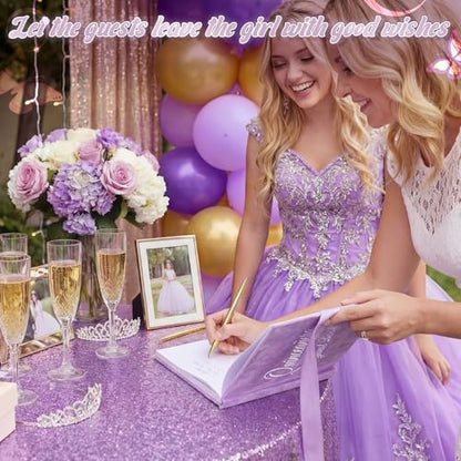 Panelee Velvet Quinceañera Guest Book with Pen Purple Sign in with Bow 15 Year Anos Quince Book 144 Page Signature Guest Sign in Keepsake Album for Birthday Party Keepsake Gift - color: Purple