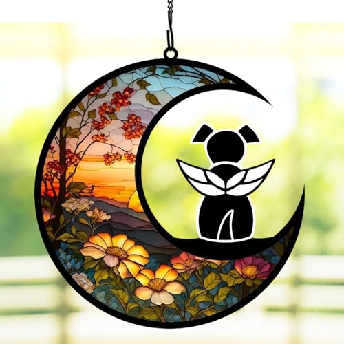 BamLue Dog Ornament Suncatcher Memorial Gifts for Dog Lovers, A Black Dog with Wings on Window Hangings Suncatcher, Loss of Dog Sympathy Gift, Remembrance Gifts in Memory - color: Sunset-angle Dog