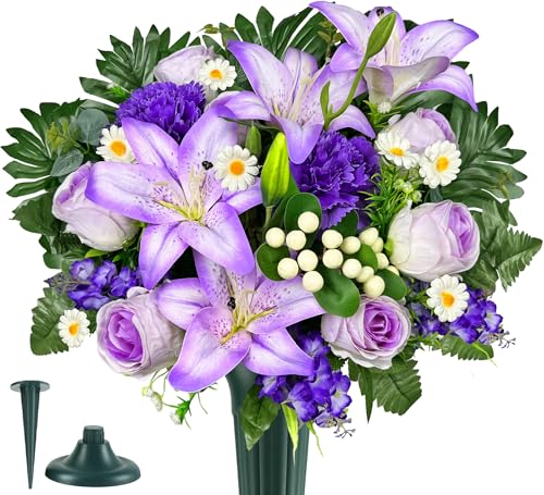 Artificial Cemetery Flowers – Vibrant Rose Carnation, Outdoor Grave Decorations - 1 Purple Gravesite Bouquet with Vase
