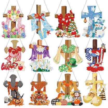 Cinnvoice Seasonal Diamond Art Hanging Kit,12 Pcs,Cross | Christmas Diamond Art Hanging Ornament, Month Diamond Painting Sign, Festival Crystal Suncatcher, for Door Window Wall Decor - style: Cross