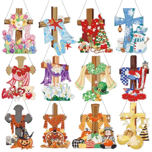 Cinnvoice Seasonal Diamond Art Hanging Kit,12 Pcs,Cross | Christmas Diamond Art Hanging Ornament, Month Diamond Painting Sign, Festival Crystal Suncatcher, for Door Window Wall Decor - style: Cross